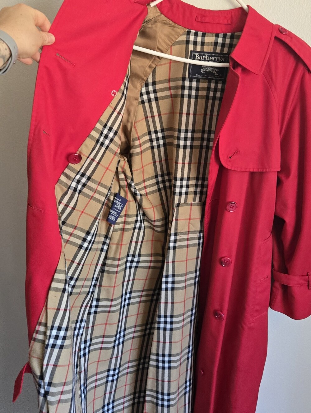 vintage red Burberry Gabardine Double Breasted Plaid Lining trench coat - Picture 2 of 14